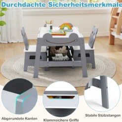 5 in 1 Maltisch mit Wendbarer Tafel & Whiteboard Kindersitzgruppe in Bärenform mit Stauraum Grau