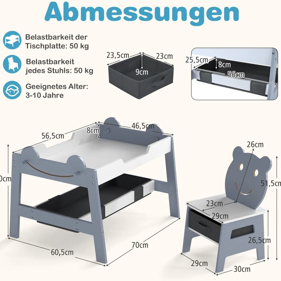 5 in 1 Maltisch mit Wendbarer Tafel & Whiteboard Kindersitzgruppe in Bärenform mit Stauraum Grau