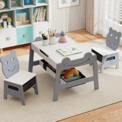 5 in 1 Maltisch mit Wendbarer Tafel & Whiteboard Kindersitzgruppe in Bärenform mit Stauraum Grau