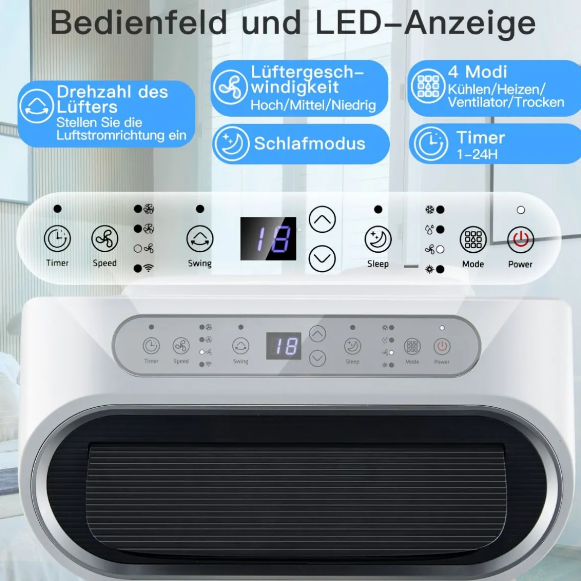 5 in 1 mobile Klimaanlage 16000 BTU Kühl&Ventilator&Entfeucht&Heiz Entfeuchter 16℃-32℃ 44,5 x 39 x 77 cm Weiß