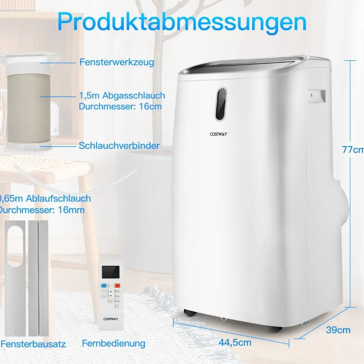 5 in 1 mobile Klimaanlage 16000 BTU Kühl&Ventilator&Entfeucht&Heiz Entfeuchter 16℃-32℃ 44,5 x 39 x 77 cm Weiß