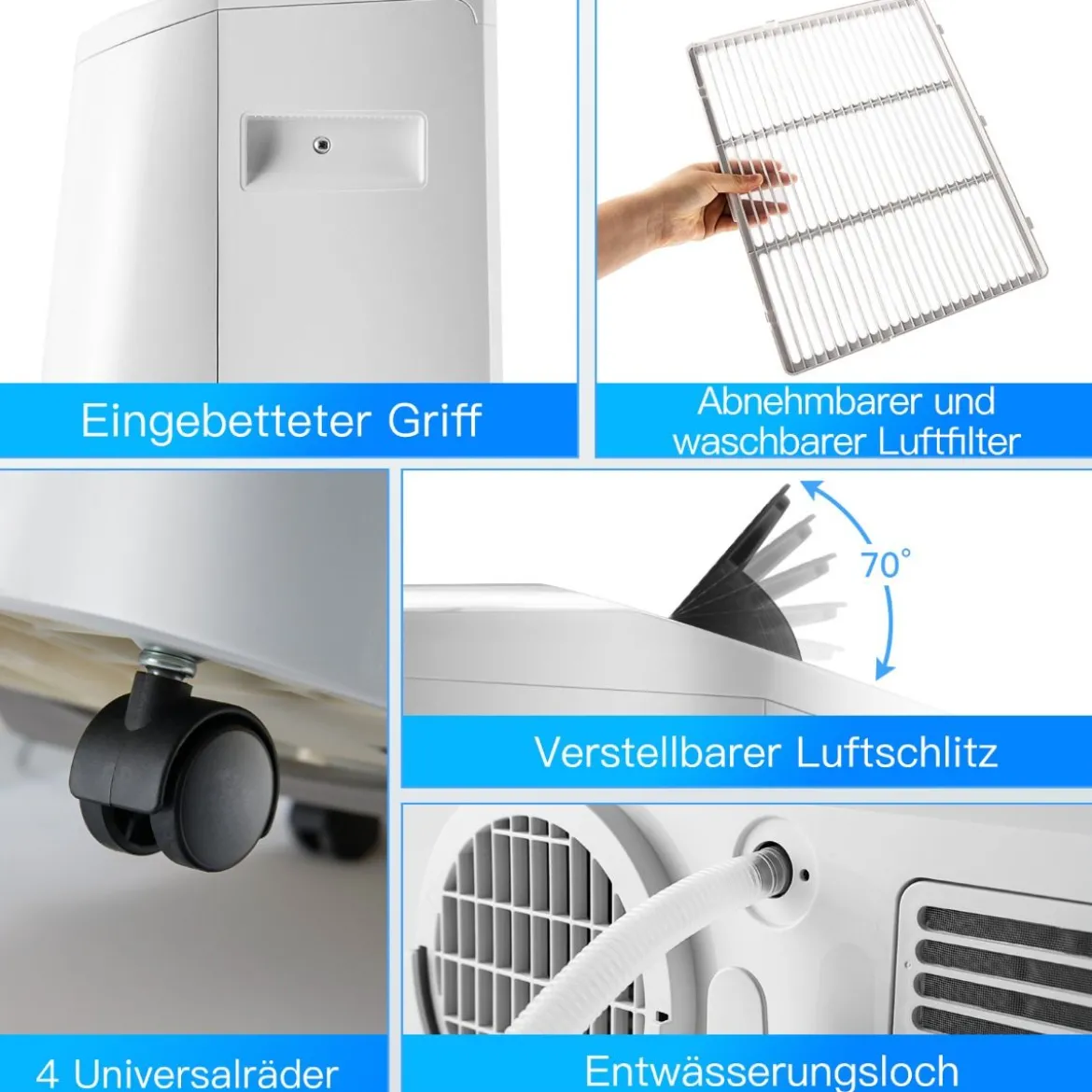 5 in 1 mobile Klimaanlage 16000 BTU Kühl&Ventilator&Entfeucht&Heiz Entfeuchter 16℃-32℃ 44,5 x 39 x 77 cm Weiß