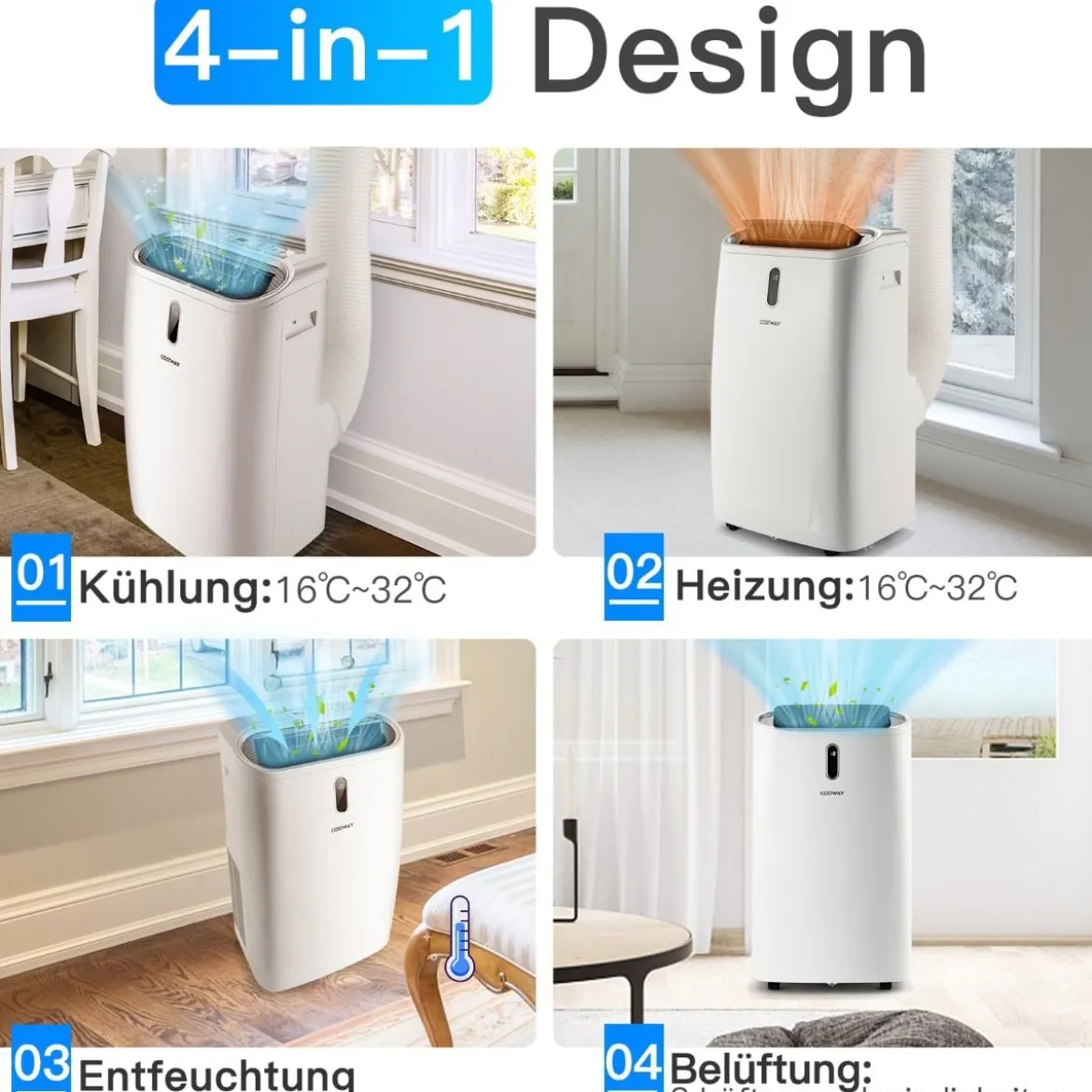 5 in 1 mobile Klimaanlage 16000 BTU Kühl&Ventilator&Entfeucht&Heiz Entfeuchter 16℃-32℃ 44,5 x 39 x 77 cm Weiß