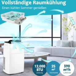 4 in 1 Mobiles Klimagerät mit Heizfunktion Tragbare Klimaanlage mit Fernbedienung 24H-Timer WIFI 12000BTU