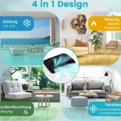 4 in 1 Mobiles Klimagerät mit Heizfunktion Tragbare Klimaanlage mit Fernbedienung 24H-Timer WIFI 12000BTU