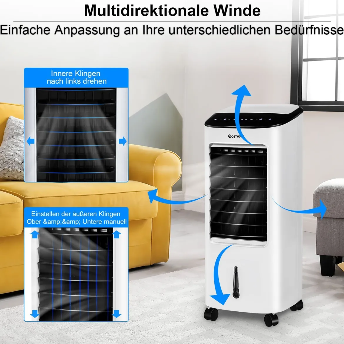 3 in 1 Mobile Ventilator Luftbefeuchter Luftreiniger 65W / 7L Tank / 7,5H Timer / Fernbedienung