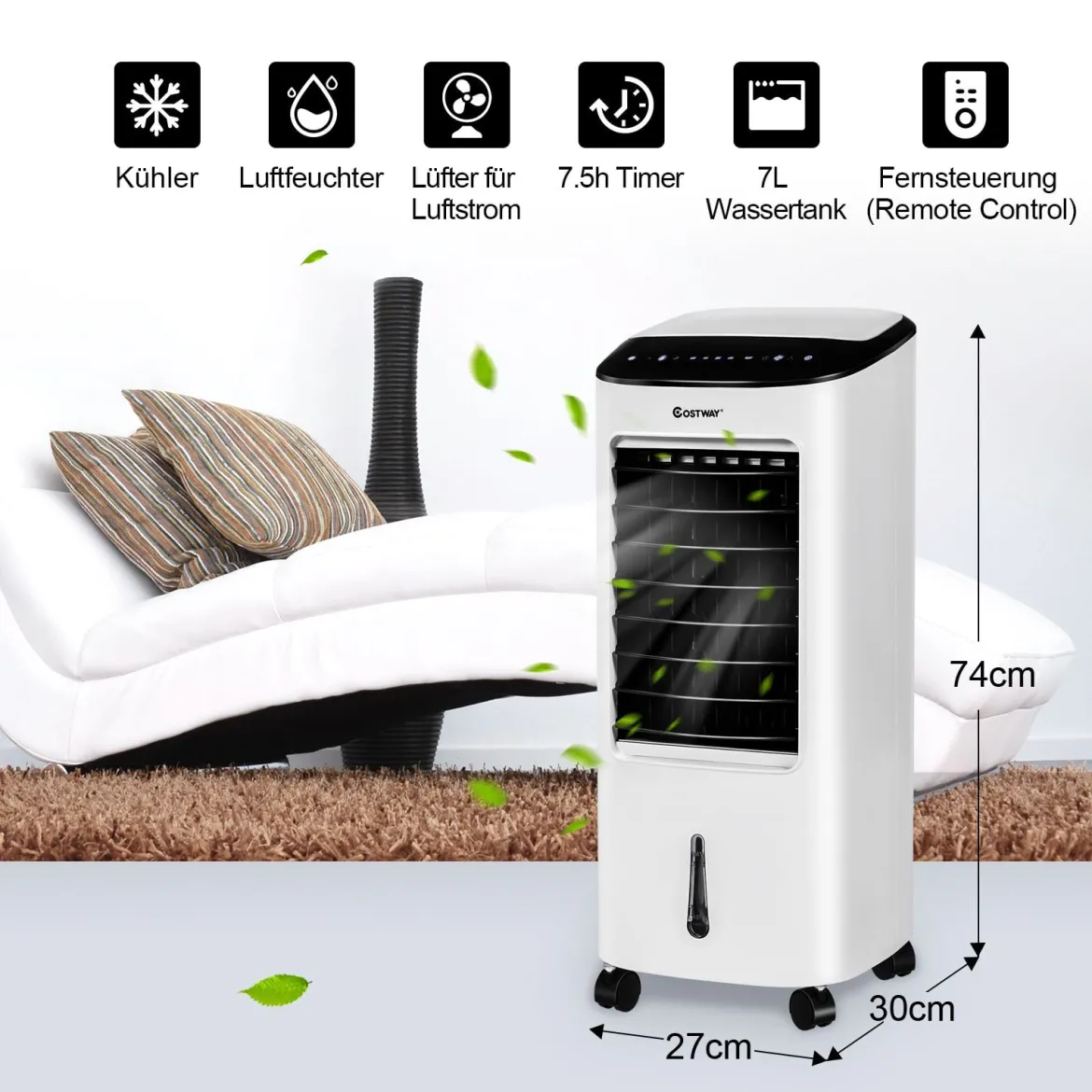 3 in 1 Mobile Ventilator Luftbefeuchter Luftreiniger 65W / 7L Tank / 7,5H Timer / Fernbedienung