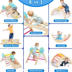 9 in 1 Montessori Klettergerüst Set mit Kletterbogen & Kletterseil & Leiter Holz Kletterdreieck Bunt