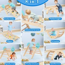 9 in 1 Montessori Klettergerüst Set mit Kletterbogen & Kletterseil & Leiter Holz Kletterdreieck Natur