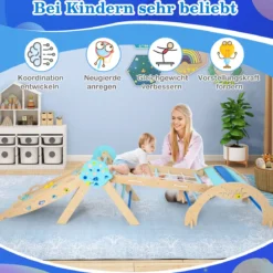 9 in 1 Montessori Klettergerüst Set mit Kletterbogen & Kletterseil & Leiter Holz Kletterdreieck Blau
