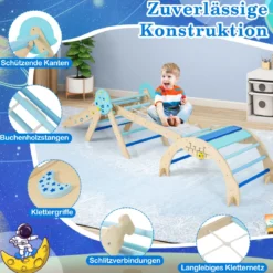 9 in 1 Montessori Klettergerüst Set mit Kletterbogen & Kletterseil & Leiter Holz Kletterdreieck Blau