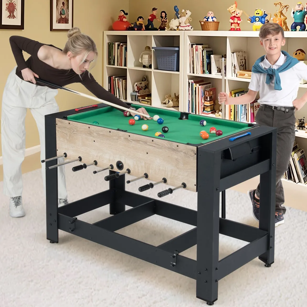 2 in 1 Multi Schwenkbarer Spieltisch mit Tischfußball & Billardtisch Tischkicker Multifunktionstisch