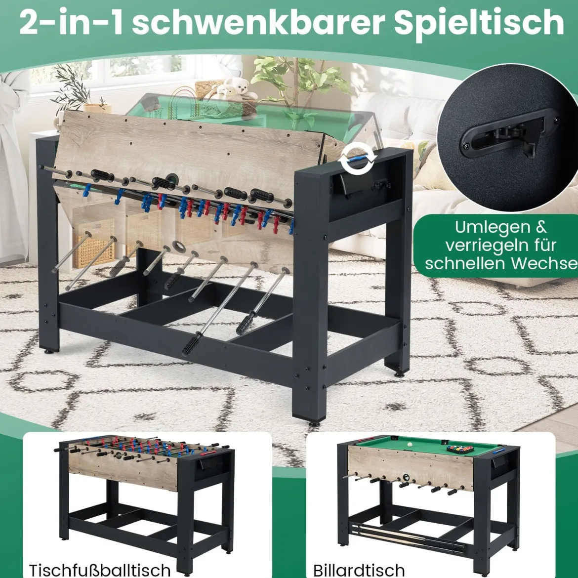 2 in 1 Multi Schwenkbarer Spieltisch mit Tischfußball & Billardtisch Tischkicker Multifunktionstisch