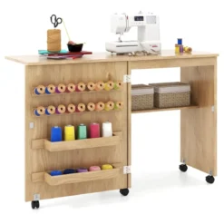 2 in 1 Nähschrank & Schreibtisch klappbar Nähtisch Mehrzweck-Bastelstation mit Ablagefläche Natur/Weiß