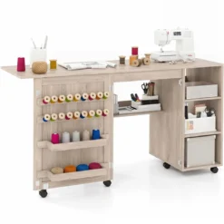 2 in 1 Nähtisch Schreibtisch Klappbar Multifunktionale Nähmaschinenstation mit Ablageflächen Natur