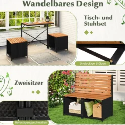 2-in-1 Outdoor Klappbank wandelbarer Picknicktisch & Gartenbank mit Metallrahmen Schwarz