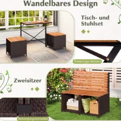 2-in-1 Outdoor Klappbank Wandelbarer Picknicktisch & Gartenbank mit Metallrahmen Braun