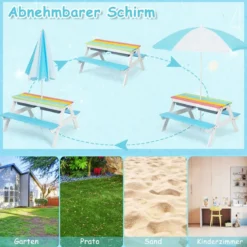 3-in-1 Picknicktisch für den Außenbereich Wasser & Sandtisch mit Spielboxen & Schirm Blau und Weiß
