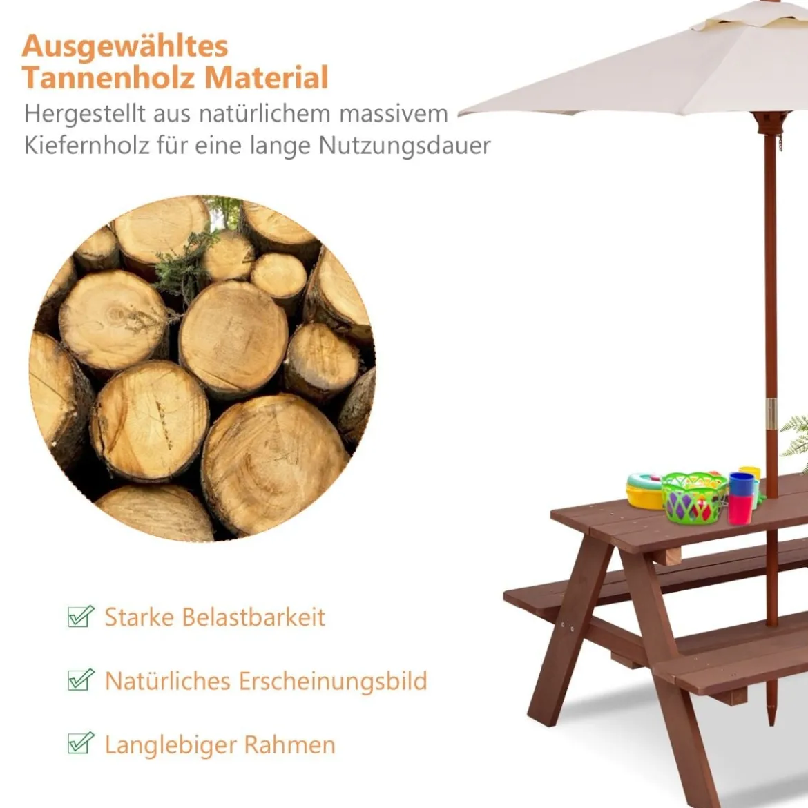 3-in-1 Picknicktisch mit Abnehmbarem Sonnenschirm Kindertische kindersitzgruppe