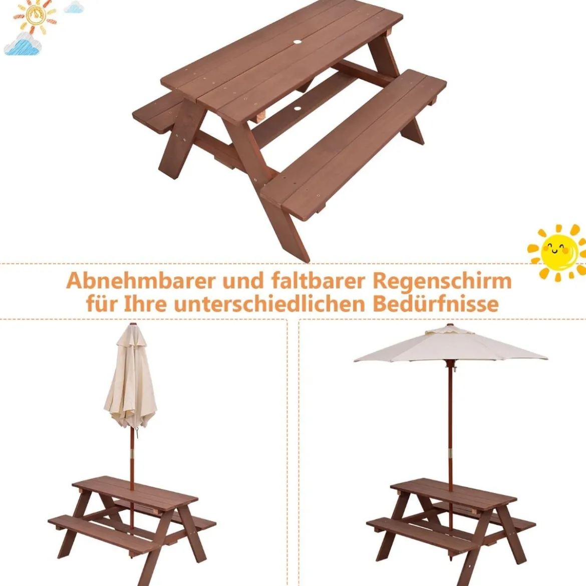 3-in-1 Picknicktisch mit Abnehmbarem Sonnenschirm Kindertische kindersitzgruppe