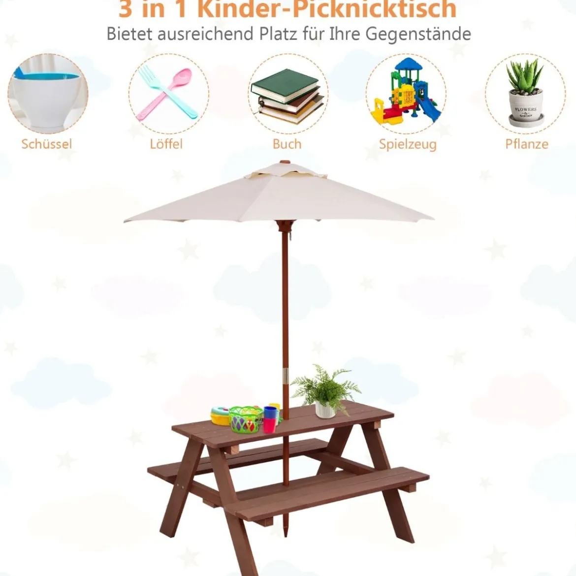 3-in-1 Picknicktisch mit Abnehmbarem Sonnenschirm Kindertische kindersitzgruppe