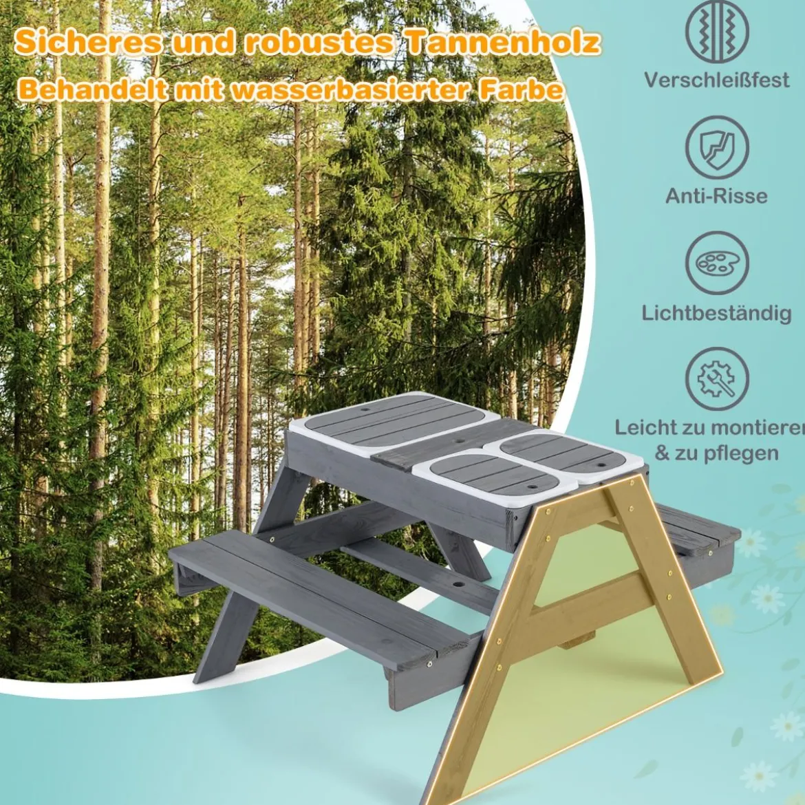 4 in 1 Picknicktisch-Set für Kinder mit 3 Abnehmbaren Behältern für Sand / WasserSpieltisch