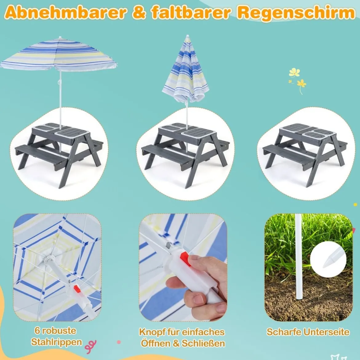 4 in 1 Picknicktisch-Set für Kinder mit 3 Abnehmbaren Behältern für Sand / WasserSpieltisch