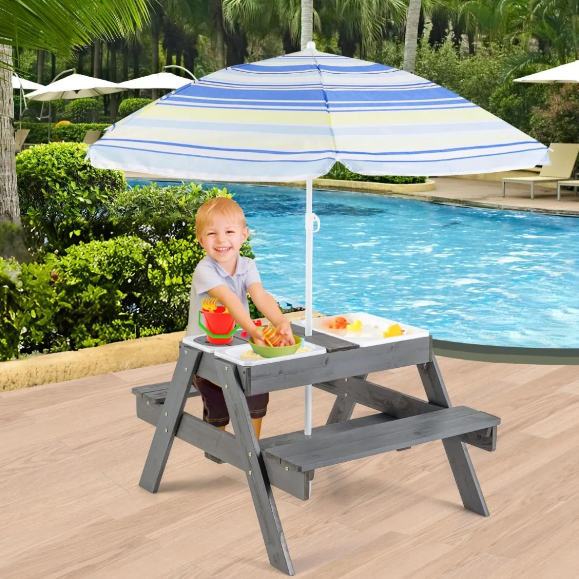4 in 1 Picknicktisch-Set für Kinder mit 3 Abnehmbaren Behältern für Sand / WasserSpieltisch