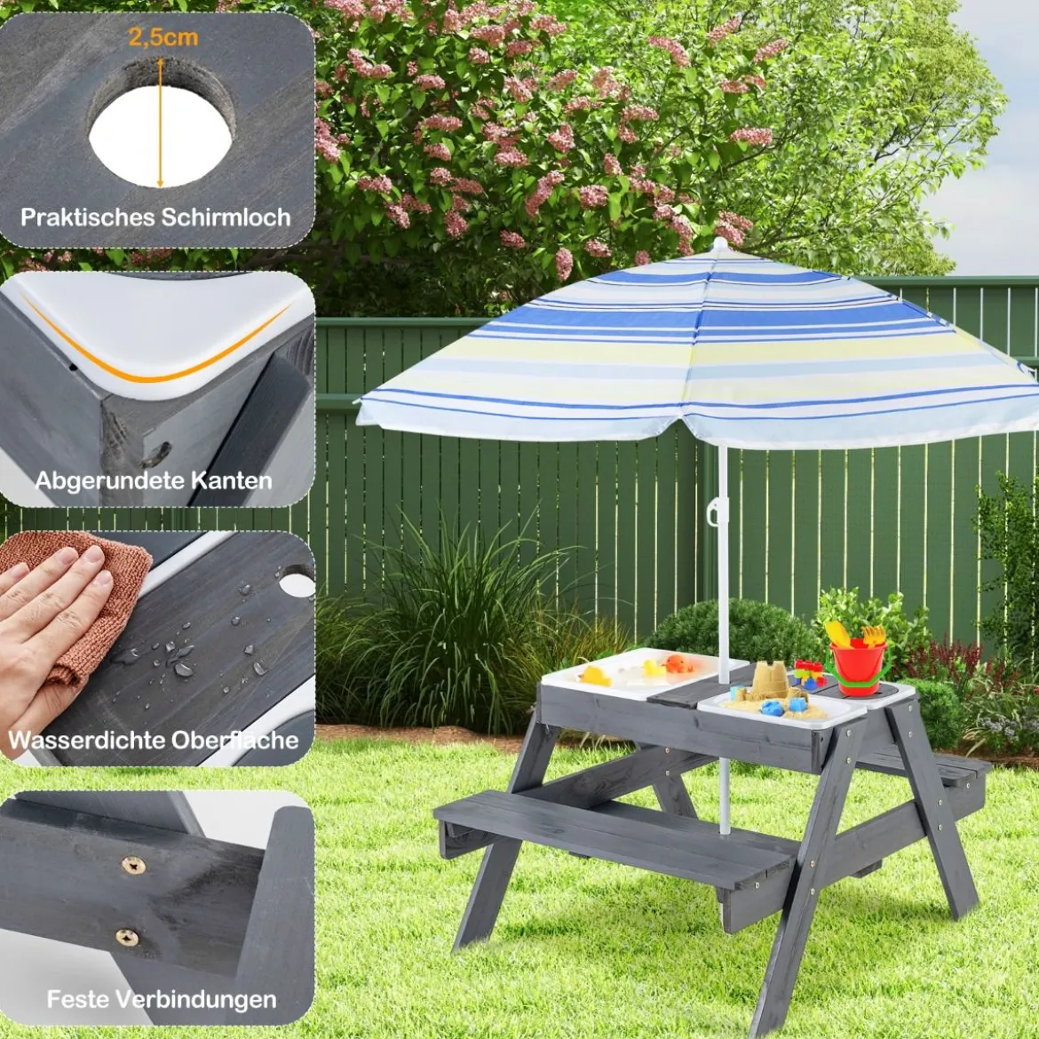 4 in 1 Picknicktisch-Set für Kinder mit 3 Abnehmbaren Behältern für Sand / WasserSpieltisch