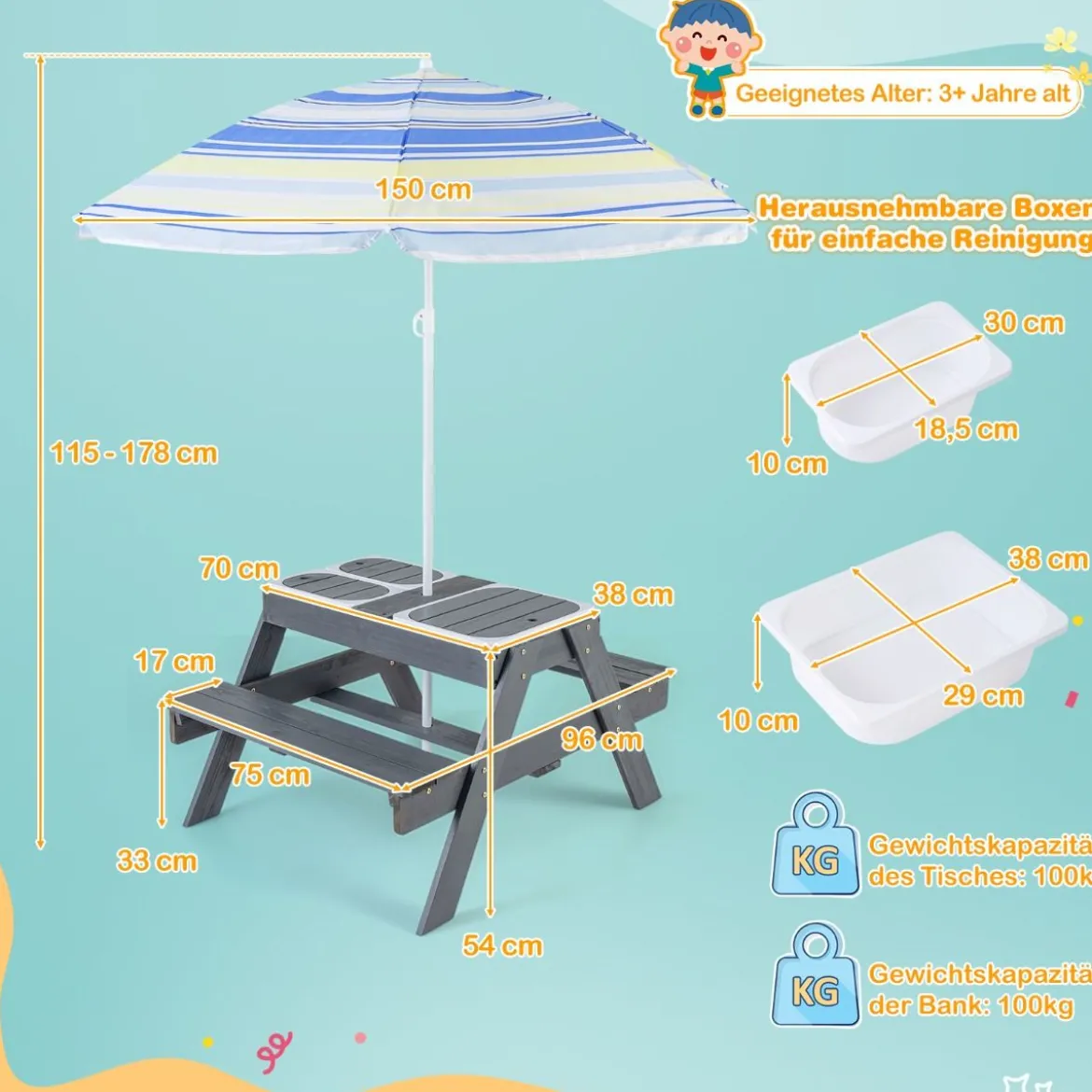 4 in 1 Picknicktisch-Set für Kinder mit 3 Abnehmbaren Behältern für Sand / WasserSpieltisch
