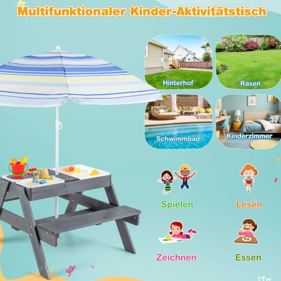 4 in 1 Picknicktisch-Set für Kinder mit 3 Abnehmbaren Behältern für Sand / WasserSpieltisch