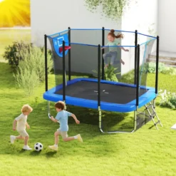 3 in 1 Rechteckiges Trampolin mit Leiter & Basketballkorb & Fußballtor Kindertrampolin Blau