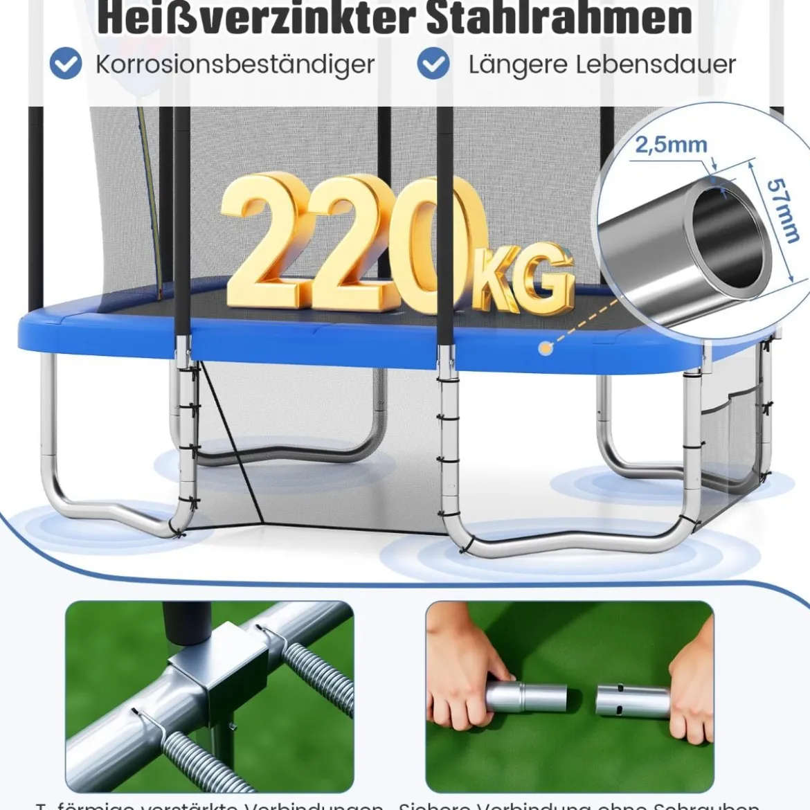 3 in 1 Rechteckiges Trampolin mit Leiter & Basketballkorb & Fußballtor Kindertrampolin Blau