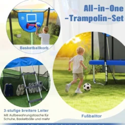 3 in 1 Rechteckiges Trampolin mit Leiter & Basketballkorb & Fußballtor Kindertrampolin Blau