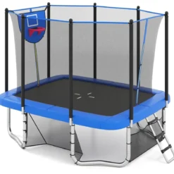 3 in 1 Rechteckiges Trampolin mit Leiter & Basketballkorb & Fußballtor Kindertrampolin Blau