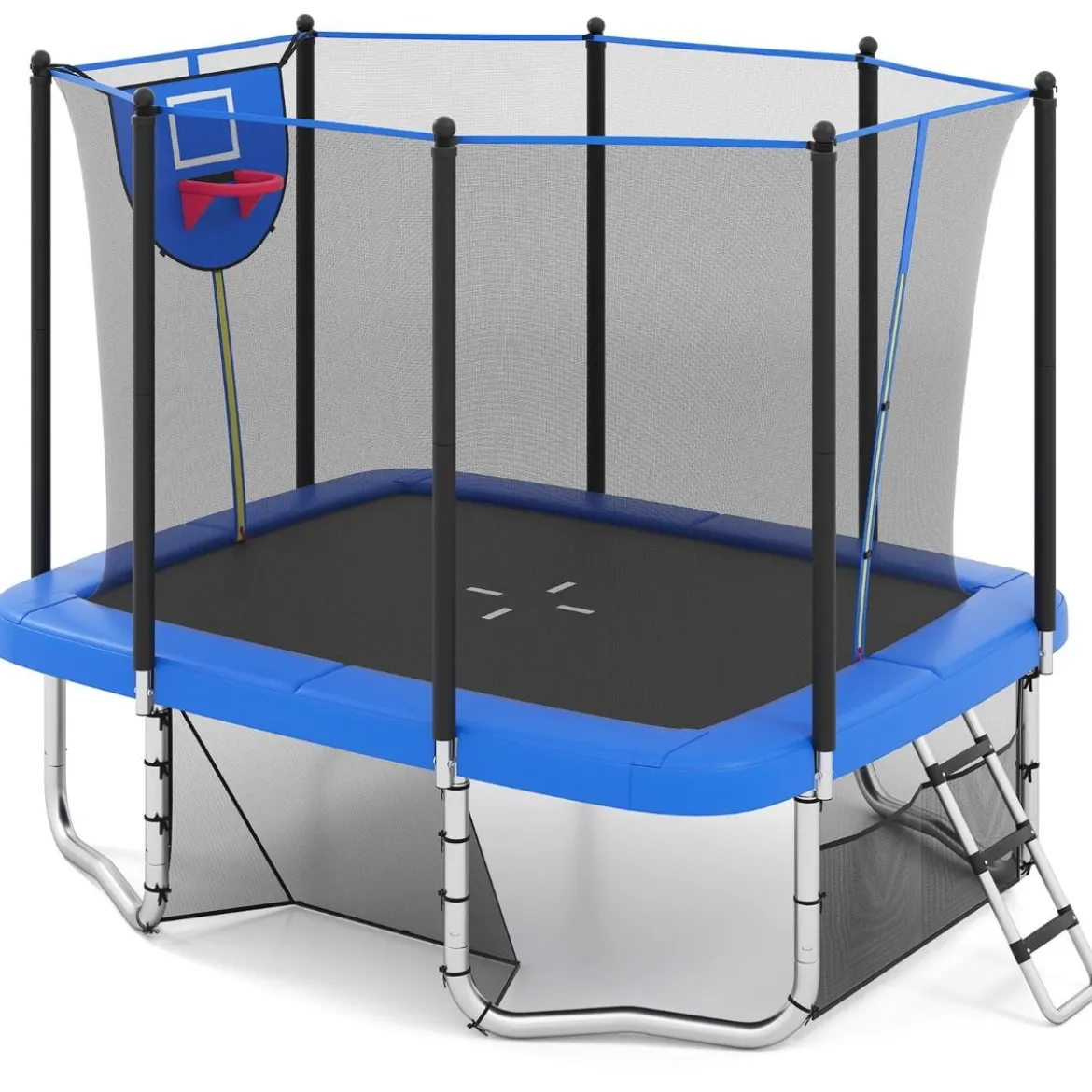 3 in 1 Rechteckiges Trampolin mit Leiter & Basketballkorb & Fußballtor Kindertrampolin Blau