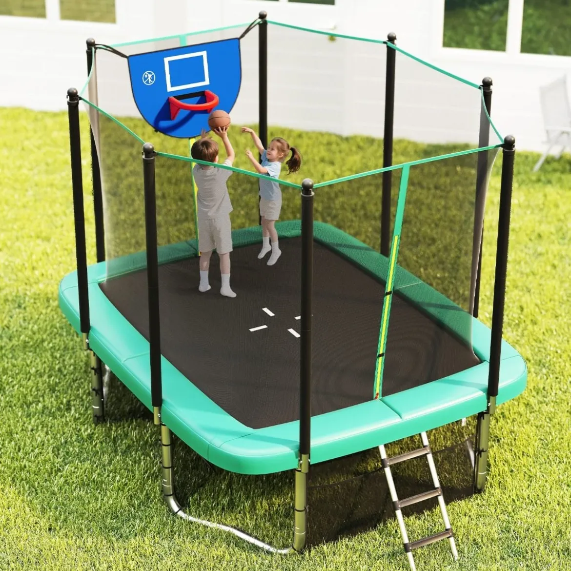 3 in 1 Rechteckiges Trampolin mit Leiter & Basketballkorb & Fußballtor Kindertrampolin Grün