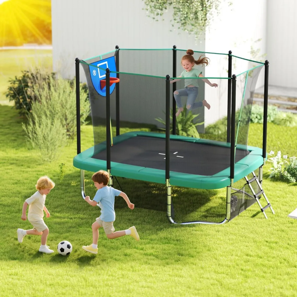 3 in 1 Rechteckiges Trampolin mit Leiter & Basketballkorb & Fußballtor Kindertrampolin Grün
