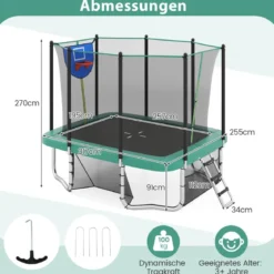 3 in 1 Rechteckiges Trampolin mit Leiter & Basketballkorb & Fußballtor Kindertrampolin Grün