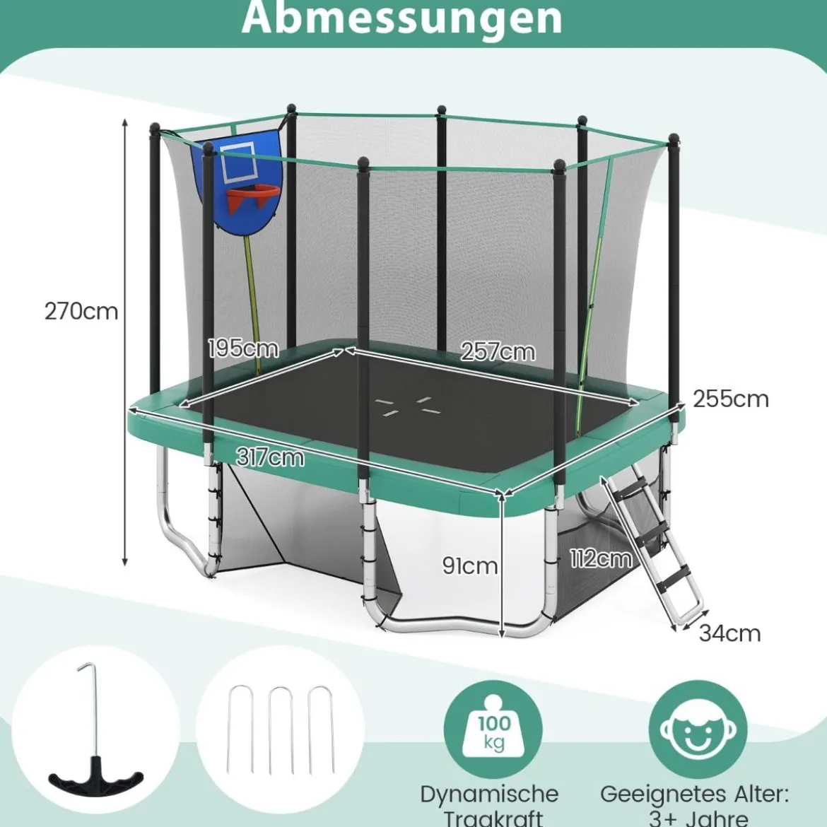 3 in 1 Rechteckiges Trampolin mit Leiter & Basketballkorb & Fußballtor Kindertrampolin Grün