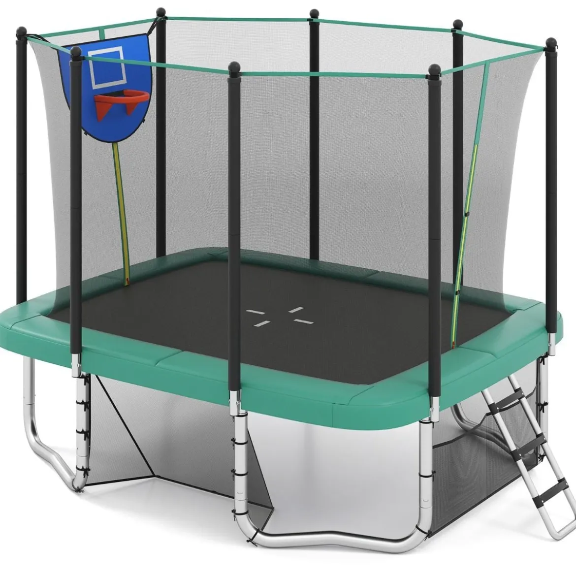 3 in 1 Rechteckiges Trampolin mit Leiter & Basketballkorb & Fußballtor Kindertrampolin Grün