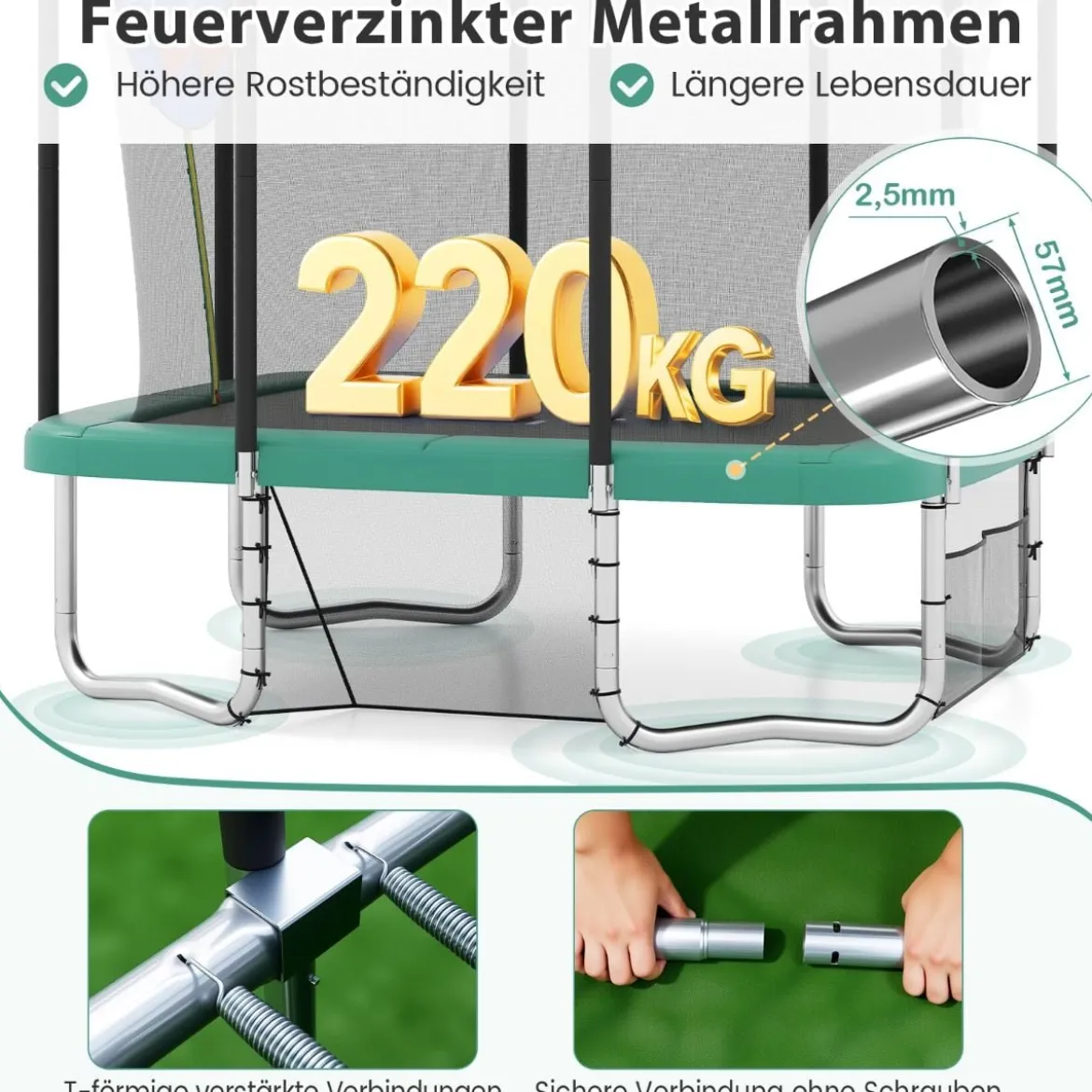 3 in 1 Rechteckiges Trampolin mit Leiter & Basketballkorb & Fußballtor Kindertrampolin Grün