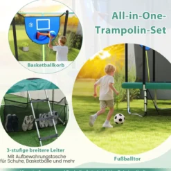 3 in 1 Rechteckiges Trampolin mit Leiter & Basketballkorb & Fußballtor Kindertrampolin Grün