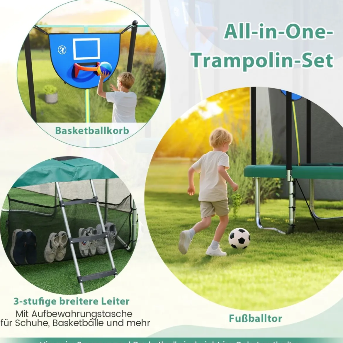 3 in 1 Rechteckiges Trampolin mit Leiter & Basketballkorb & Fußballtor Kindertrampolin Grün