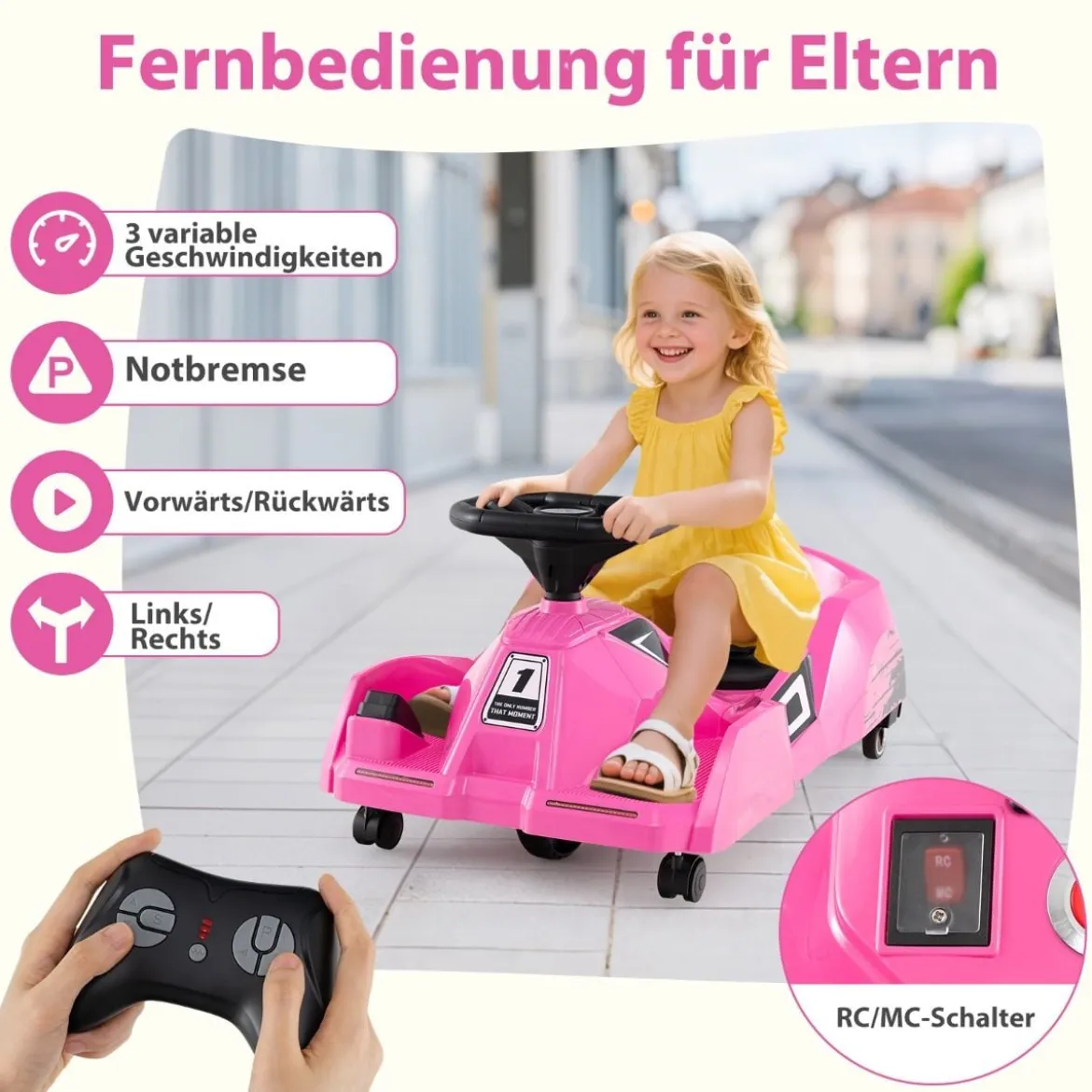 3 in 1 Reinigungs Kinder Elektro Gokart 12V Cleaning Drift Kart mit Abnehmbarem Mopp Rosa