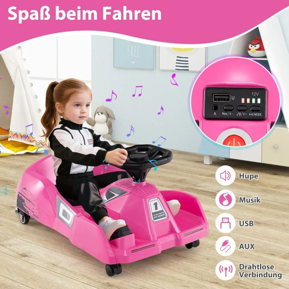 3 in 1 Reinigungs Kinder Elektro Gokart 12V Cleaning Drift Kart mit Abnehmbarem Mopp Rosa