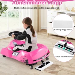 3 in 1 Reinigungs Kinder Elektro Gokart 12V Cleaning Drift Kart mit Abnehmbarem Mopp Rosa