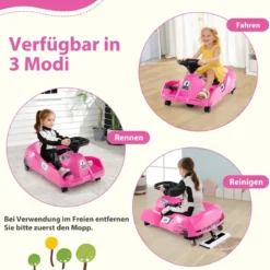 3 in 1 Reinigungs Kinder Elektro Gokart 12V Cleaning Drift Kart mit Abnehmbarem Mopp Rosa