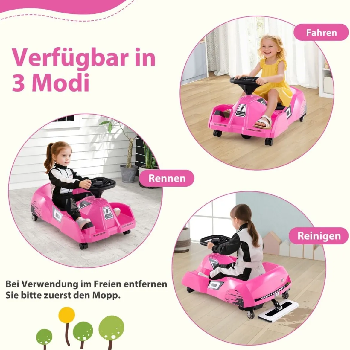 3 in 1 Reinigungs Kinder Elektro Gokart 12V Cleaning Drift Kart mit Abnehmbarem Mopp Rosa