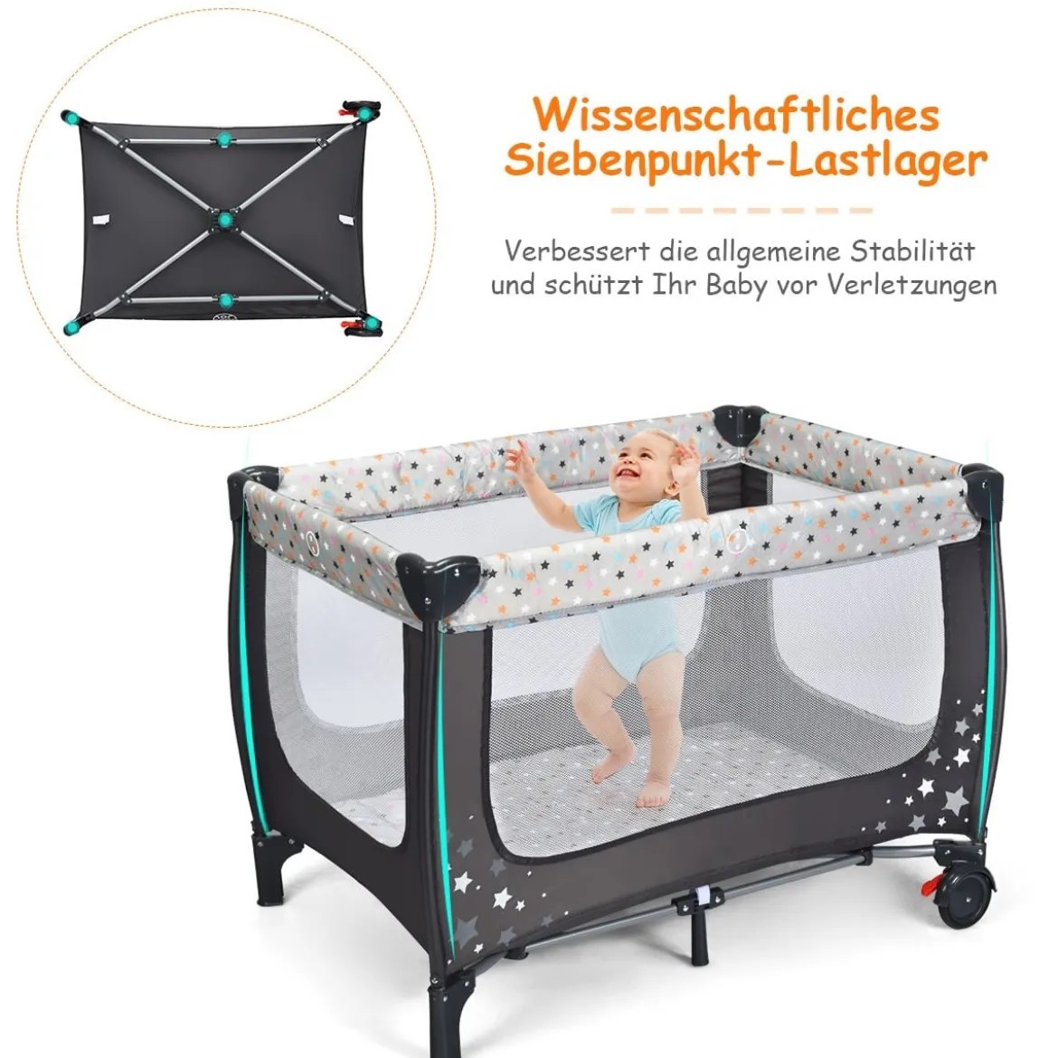 2 in 1 Reisebett & Laufstall Klappbar Kinderbett 125 x 65 x 76 cm Grau
